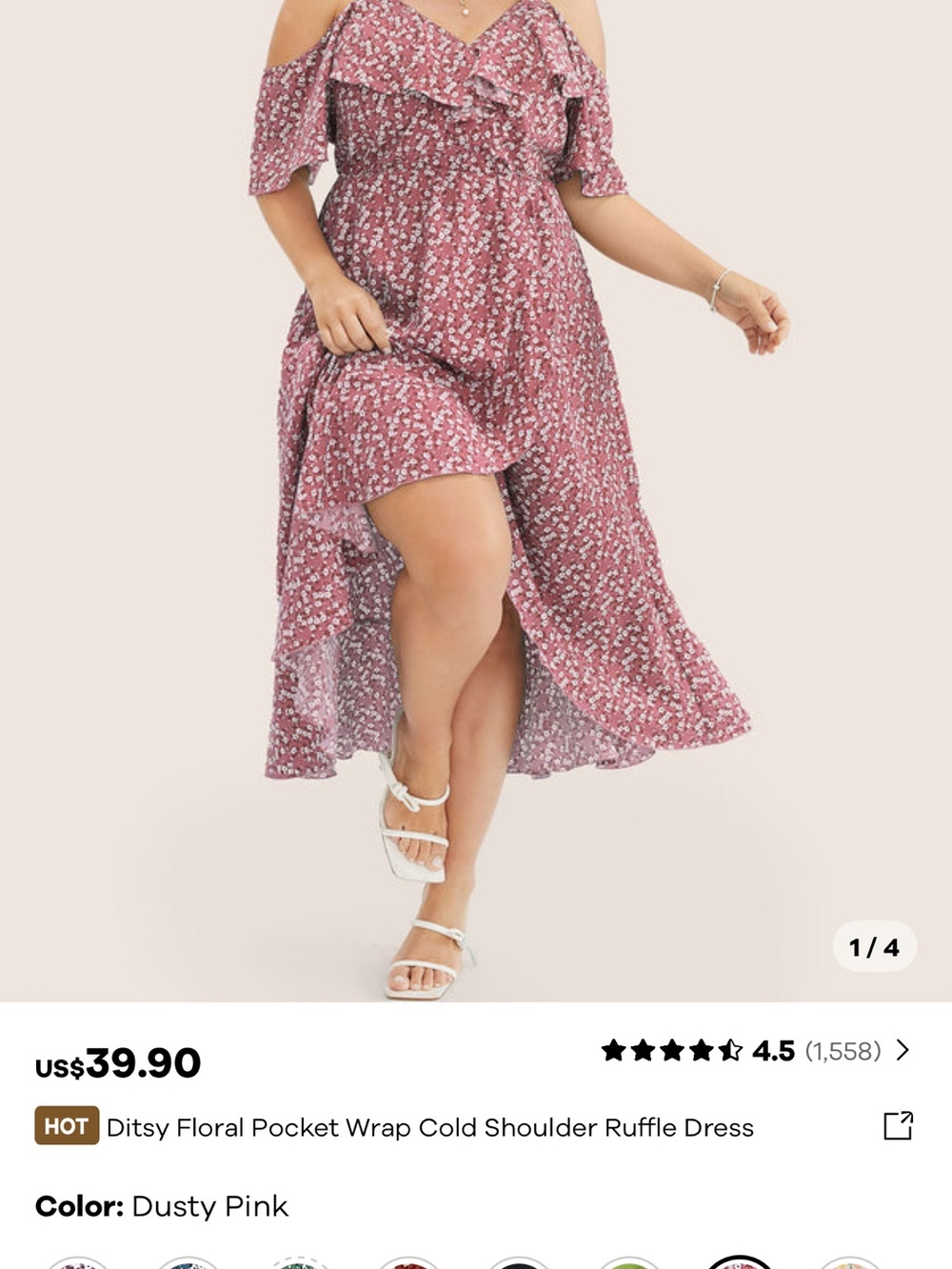 BloomChic Dusty Pink Ditsy Floral High-Low Cold-Shoulder Dress